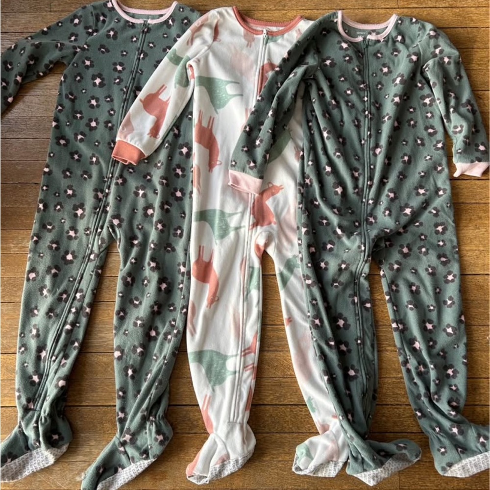 Carter's Green & White Fox and Floral Footed One-Pieces (Set of 3)